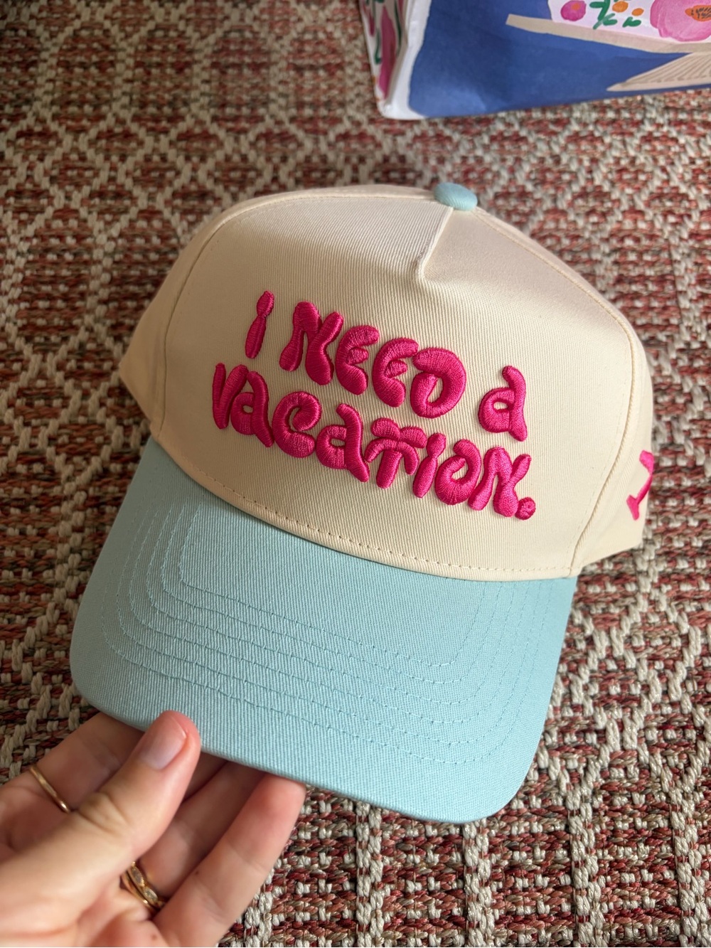 I Need a Vacation Embroidered Two-Tone Cap - Pink & Light Blue by KenzKustomz